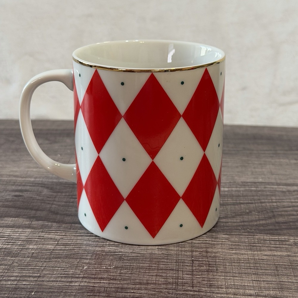 Williams-Sonoma Coffee Cup Mug Red Diamond White Harlequin Gold Rim Christmas